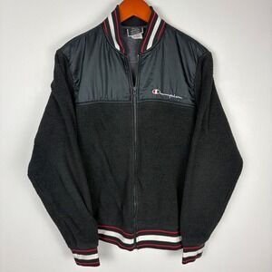 Champion Sherpa Fleece‎ Jacket Black Full Zip Varsity Style Mens Medium
